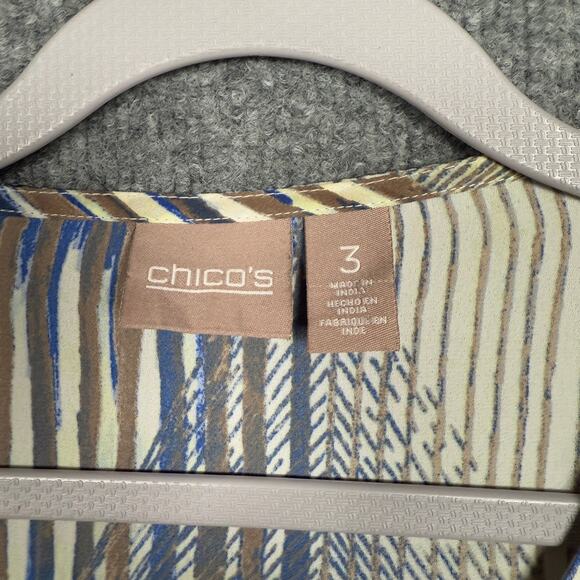 Chico's Size 3 Linear Lines Ali Top Tan Popover Asymmetrical Hem Roll Tab Sleeve - Picture 5 of 8